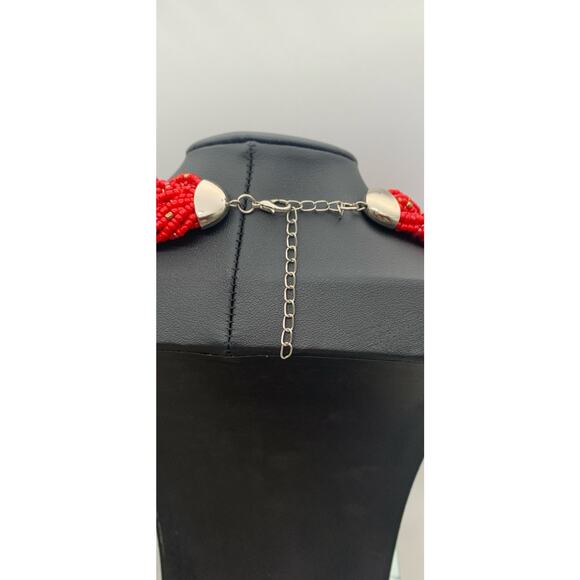 Coral Red And Iridescent Braided Seed Bead Necklace Boho Beauty - Picture 4 of 4